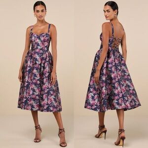 NWT Lulus Attractive Essence Floral Jacquard Midi Dress Navy